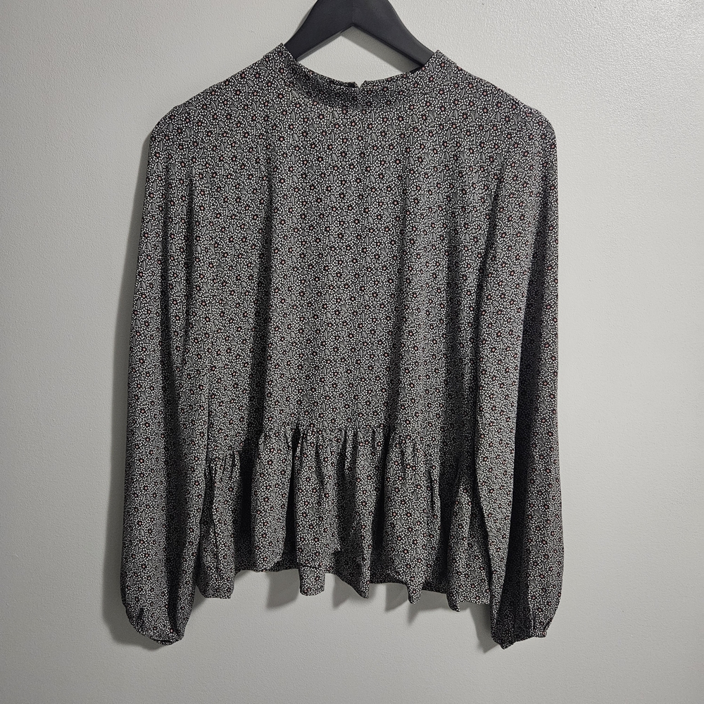 LOFT Floral Peplum Long Sleeve Blouse Grey/Pink - Size Small